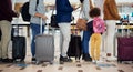 Airport queue, travel and people legs for international vacation, holiday or immigration with suitcase and kid. Line or Royalty Free Stock Photo