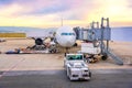 Airport ramp service for for a commercial plane landing Royalty Free Stock Photo