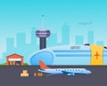 Airport, runway with airplanes, airport building. Loading goods from warehouse. Royalty Free Stock Photo