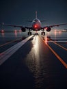 Airport runway with big plane in night. Huge airplane at night composition. Generative AI Royalty Free Stock Photo