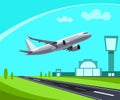 Airport with Runway and flying Plane Concept Illustration. Template for Infographic. Royalty Free Stock Photo