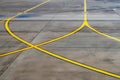 Airport runway, a part of road with yellow signal lines for aircraft, selective focus