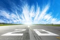 Airport runway to in horizon and picturesque cirrus clouds in the blue sky. Royalty Free Stock Photo