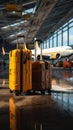 The airport scene is brightened by a gray suitcase with yellow accents
