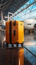 The airport scene is brightened by a gray suitcase with yellow accents