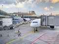 Airport scene, Lufthansa airplanes, Frankfurt