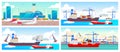 Airport and seaports flat color vector illustrations set