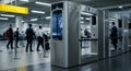 Airport Security Checkpoint Kiosk Modern airport security checkpoint with biometric screening kioskspassengers using self