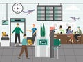 Airport security control and customs concept vector illustration. Security staff check passengres and x-ray luggage Royalty Free Stock Photo