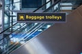 Airport terminal signs, luggage trolleys Royalty Free Stock Photo