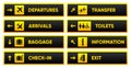 Airport sign departure arrival travel icon. Airport board airline sign, gate flight information. Various signs for Royalty Free Stock Photo