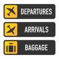 Airport Signs departure, arrivals and baggage. Royalty Free Stock Photo