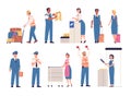 Airport staff. Aircraft crew, security employee in airline uniform check people baggage, stewardess with trolley and