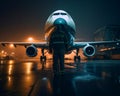 Airport technician standing in front of the plane. Aircraft on the runway on rainy night. Low angle view. Generative AI