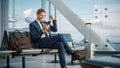 Airport Termina Flight Wait: Successful Businessman Uses Smartphone, Closes e-Business Deal and C