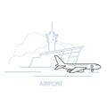 Airport terminal building and airplane on landing strip, icon of airport