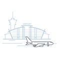 Airport terminal building front view and airplane on landing strip, airport Royalty Free Stock Photo