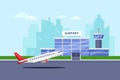 Airport terminal building and taking off aircraft, vector flat illustration. Air travel background and design elements Royalty Free Stock Photo