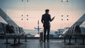 Airport Terminal: Businessman with Rolling Suitcase Walks, Uses Smartphone App for e-Business. Bac Royalty Free Stock Photo