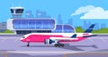 Airport terminal. Cartoon transport hub with passengers waiting to arrival and departure, vector transport aircraft and