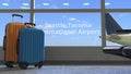 Commercial airplane reveals Seattle-Tacoma International Airport text in the window of terminal. 3d rendering