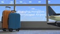 Commercial airplane reveals Shanghai Hongqiao International Airport text in the window of terminal. 3d rendering