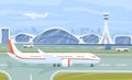 Airport terminal flat vector illustration. Aviation industry, airline company facilities. Airplane on airfield runway