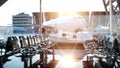 Airport terminal. fly animation. Wonderfull sunset. Business and travel concept