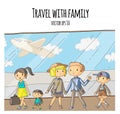 Airport terminal. Group of young travellers going to vacation. Happy family with kids. Mother with little son. Summer