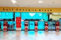 Airport terminal hall, self-service ticket machines