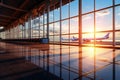 Airport terminal interior with reflection of sunset sky and airplane Royalty Free Stock Photo