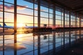Airport terminal interior with reflection of sunset sky and airplane Royalty Free Stock Photo