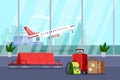 Airport terminal interior, vector illustration. Empty waiting lounge or departure hall with red chairs and luggage bags