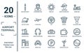 airport.terminal linear icon set. includes thin line airplane security belt, tray with cover, baggage scale, security control,