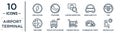 airport.terminal linear icon set. includes thin line high voltage, luggage inspection, taxi, trolley with luggage, calendar day