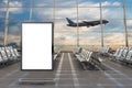 Airport terminal lounge. Blank billboard stand and airplane on background. Royalty Free Stock Photo