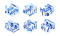 Airport terminal passenger custom checkpoint security control isometric vector set. Tourists people journeyers with