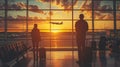 Airport terminal with passengers waiting for their flight at sunset. Travel concept. Royalty Free Stock Photo