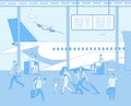 Airport terminal. People inside airfield airport. Man woman passenger in comfort lounges. Departure plane scoreboard