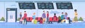 Airport terminal people. Travelers sitting waiting with luggage cartoon passengers on vacation. Flat illustration Royalty Free Stock Photo