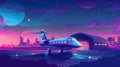 An airport terminal and private jet are on a runway strip at night. A cartoon illustration of a city skyline with a Royalty Free Stock Photo