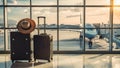 Airport Terminal Scene Suitcases and Hat Ready for Flight Royalty Free Stock Photo