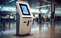 Airport terminal self-check-in kiosk that allows passengers to print their boarding passes and luggage tags for the drop-off