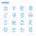 Airport thin line icons set: check-in counter, gates, boarding p