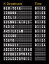 Airport timetable. Airport board for departure and arrive. Information of flight. Font on display panel. Destination on scoreboard