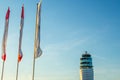 Airport traffic control tower at vienna International Airport on a clear sunny day. Austria Royalty Free Stock Photo