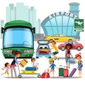 Airport transfer, public transport like car and bus, happy family mother with kids kepp his luggage for transportation