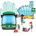 Airport transfer, public transport like car and bus, happy family mother with kids kepp his luggage for transportation