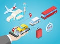 Airport transfer, vector isometric 3D illustration. Call taxi or buy shuttle bus ticket online. Internet travel service