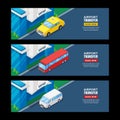 Airport transfer, vector isometric 3D illustration. Horizontal banner, flyer template. Taxi, shuttle bus travel service Royalty Free Stock Photo